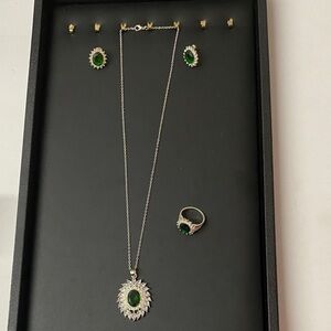 Elegant Green and Silver Tone Jewelry Set: Earring, necklace & ring size 8